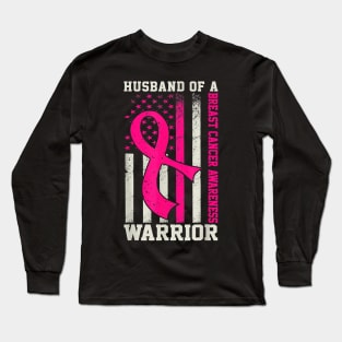 Husband Of A Warrior Breast Cancer Awareness US Flag Ribbon Long Sleeve T-Shirt